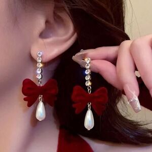 Elegant Faux Rhinestone Pearl Velvet Bow Drop Statement Cocktail Earrings
